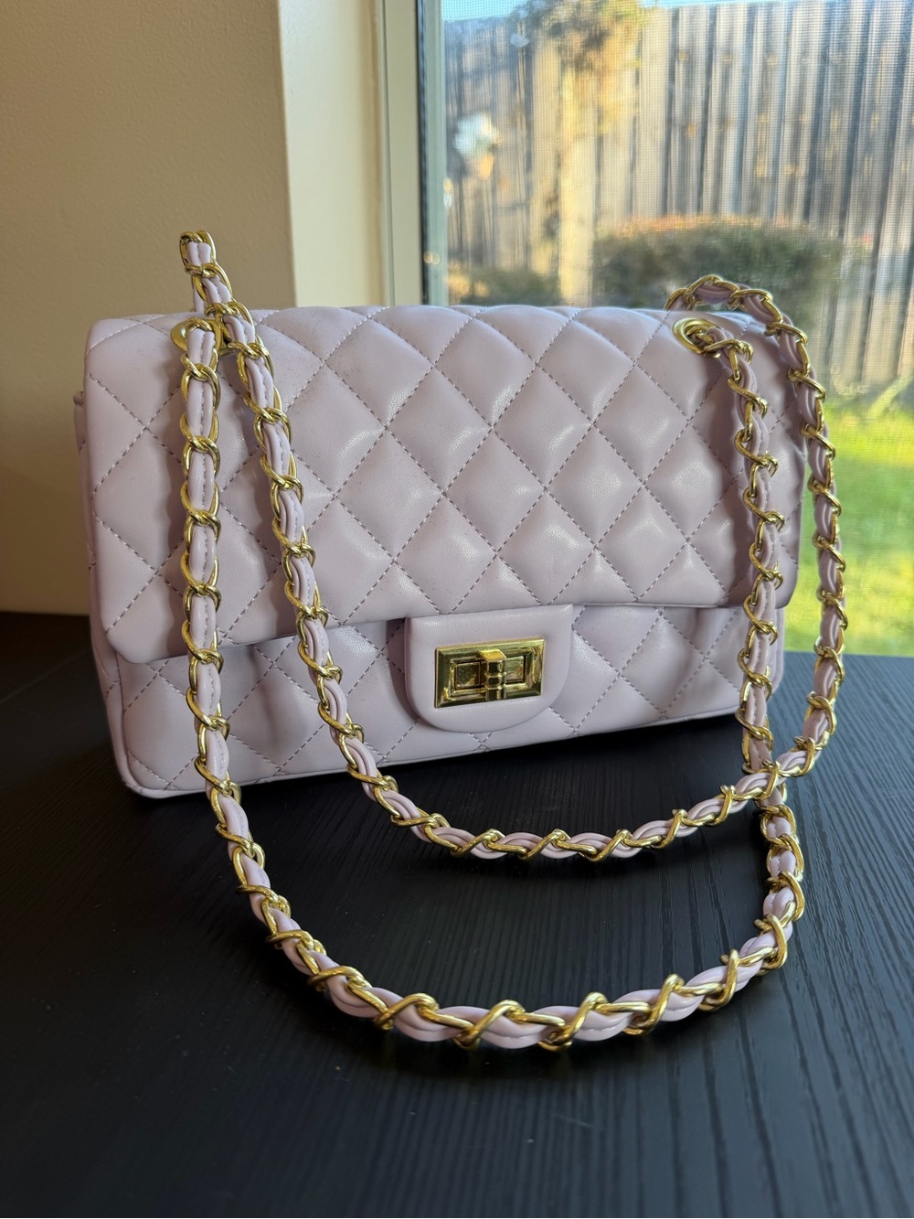 Quilted Lilac Chain Shoulder Bag with Gold Hardware